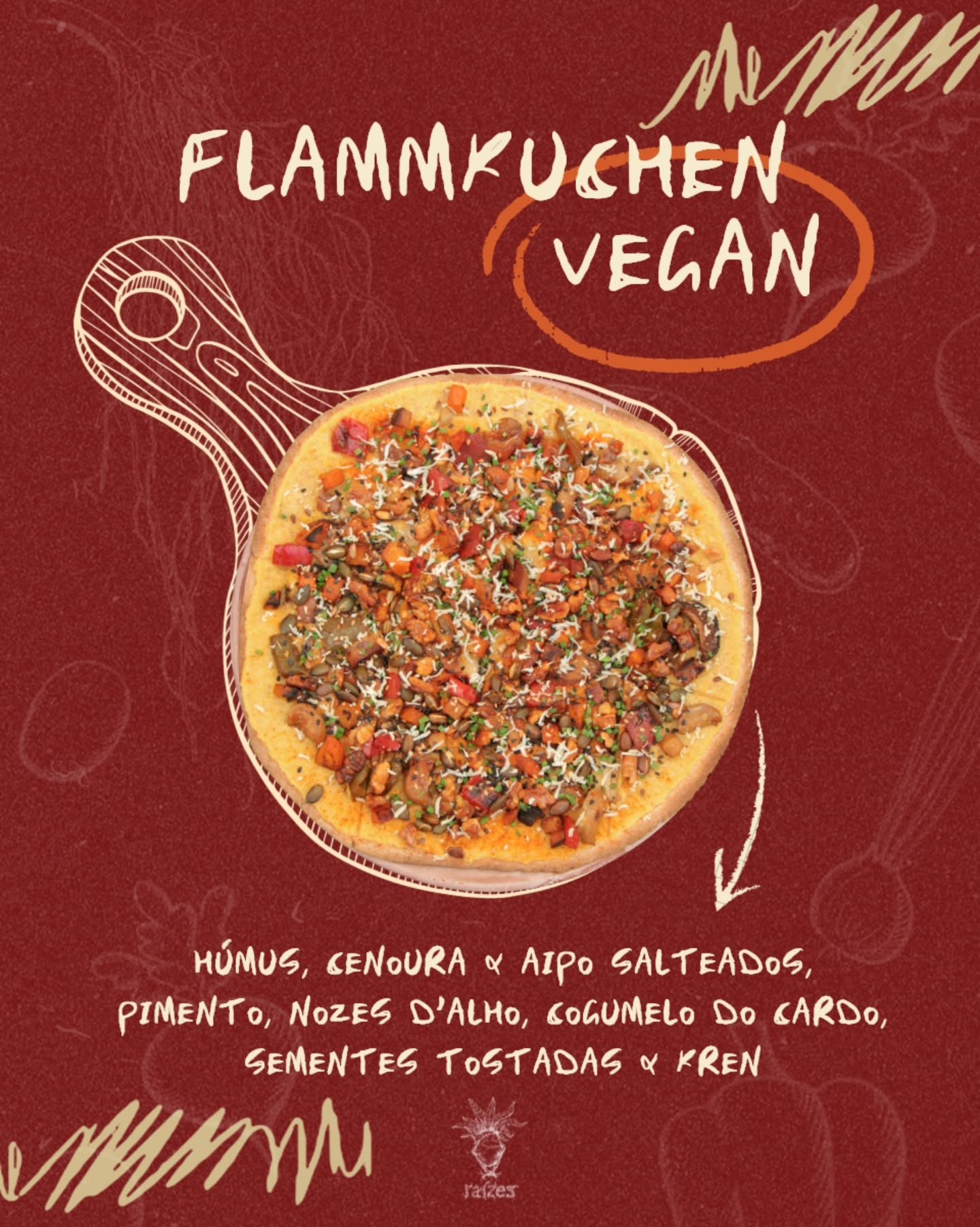 Flammkuchen vegan com húmus, legumes e sementes
