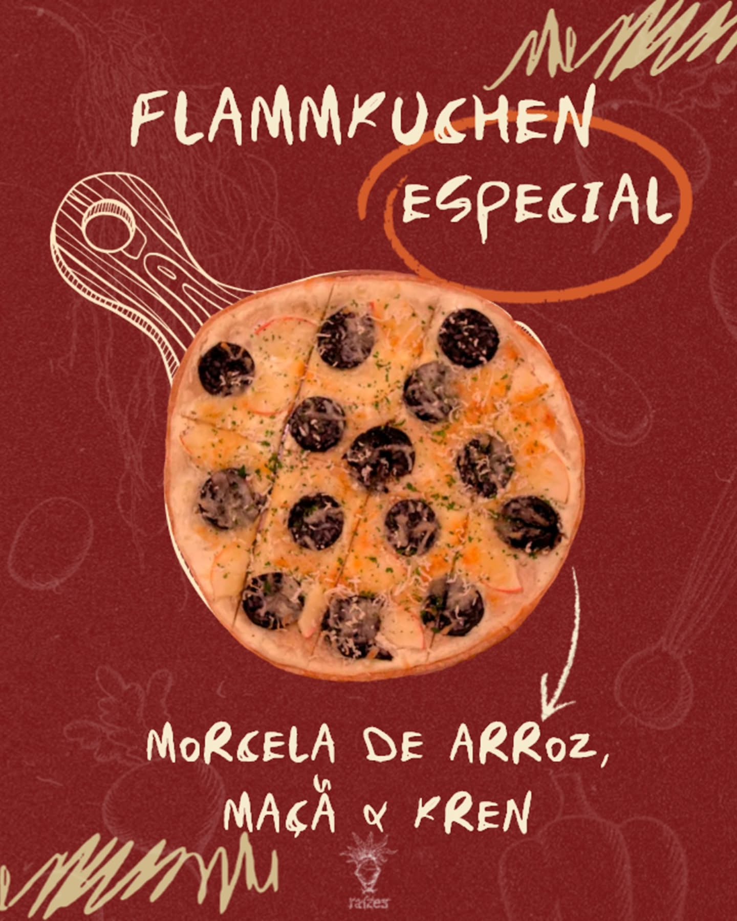 Flammkuchen especial de morcela de arroz, maçã e kren